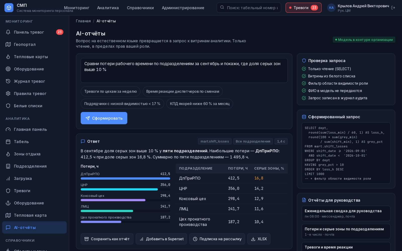 AI-отчёты: вопрос на естественном языке → запрос к витринам